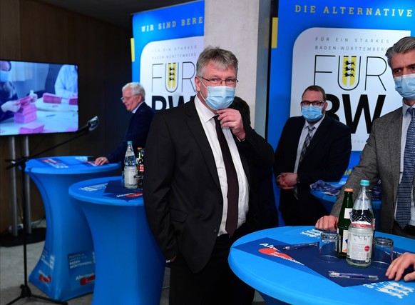 epa09074273 Joerg Meuthen, federal chairman of Germany&#039;s right-wing populist Alternative for Germany (AfD) party, reacts during the Baden-Wuerttemberg state elections in Stuttgart, Germany, 14 Ma ...