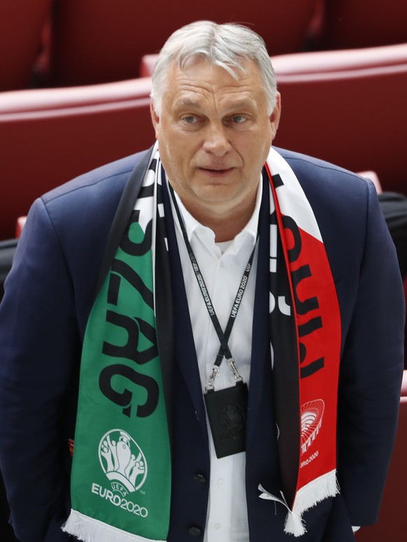 Hungary&#039;s Prime Minister Viktor Orban attends the Euro 2020 soccer championship group F match between Hungary and Portugal at the Ferenc Puskas stadium in Budapest, Hungary, Tuesday, June 15, 202 ...