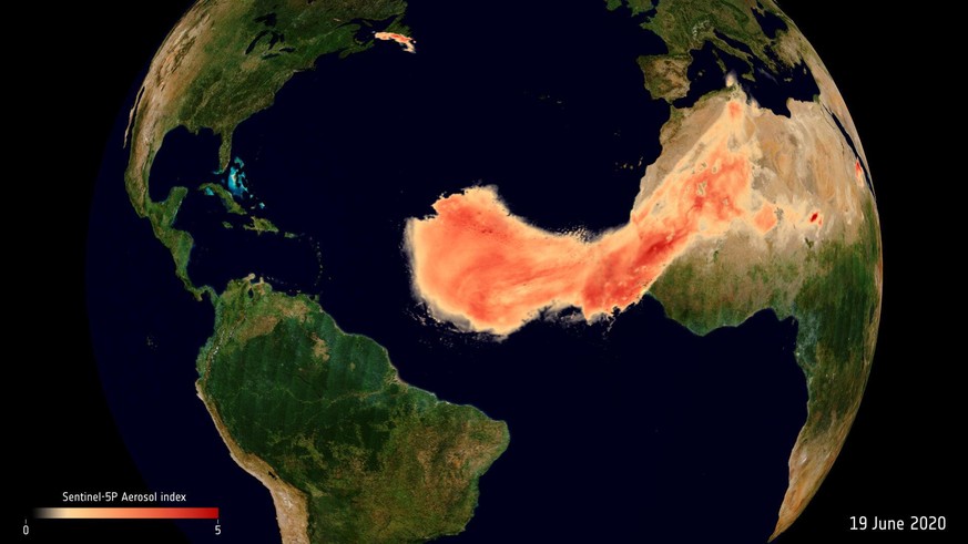 Satelliten-Daten zeigen den Sahara-Staub über dem Atlantik. Die Rohdaten stammen von der europäischen Weltraumagentur, die zwecks besserer Sichtbarkeit die Staubwolke eingefärbt hat.