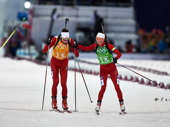 19.02.2014; Sotschi; Olympische Winterspiele Sotschi 2014 - Biathlon - Mixed-Staffel; (l-r) Benjamin Weger (SUI), Selina Gasparin (SUI) (NordicFocus/freshfocus)