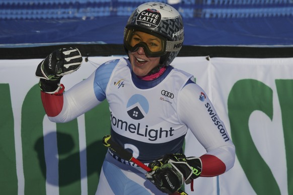 Switzerland&#039;s Wendy Holdener gets to the finish area after completing an alpine ski, women&#039;s World Cup giant slalom in Killington, Vt., Saturday, Nov. 30, 2019. (AP Photo/Charles Krupa)