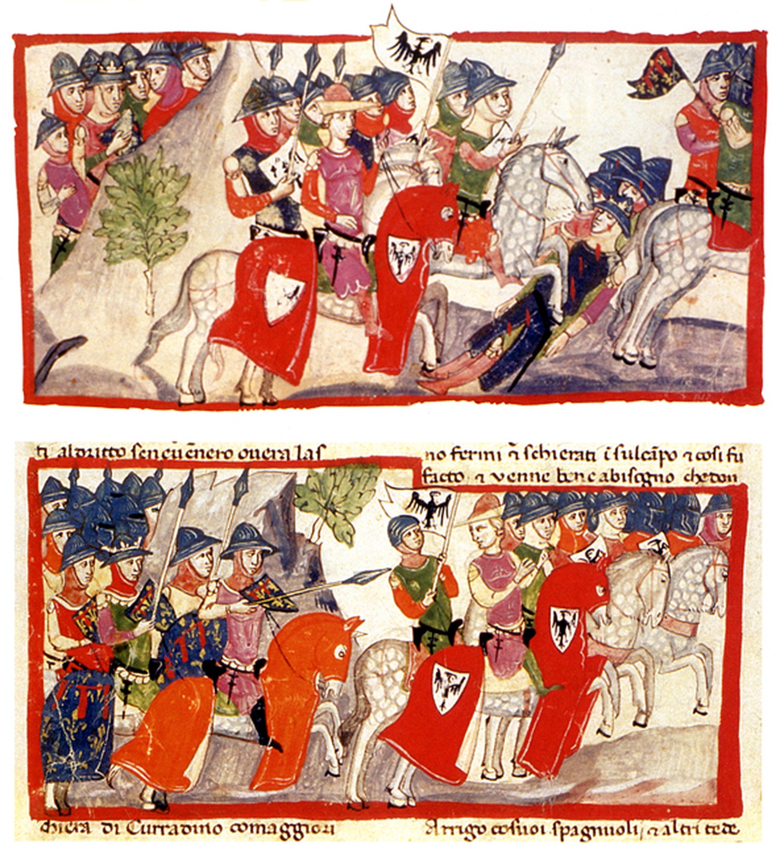 Schlacht bei Tagliacozzo: Oben reitet Konradin (im violetten Gewand und dem spitzen Hut) mit seinem Heer vorbei, während Karl von Anjou aus dem Hinterhalt zuschaut. Unten greift Anjou das Heer Konradi ...