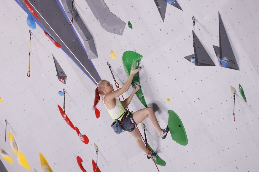 epa09382941 Janja Garnbret of Slovenia performs during a lead climbing training session for the Sport Climbing events of the Tokyo 2020 Olympic Games at the Aomi Urban Sports Park in Tokyo, Japan, 31  ...