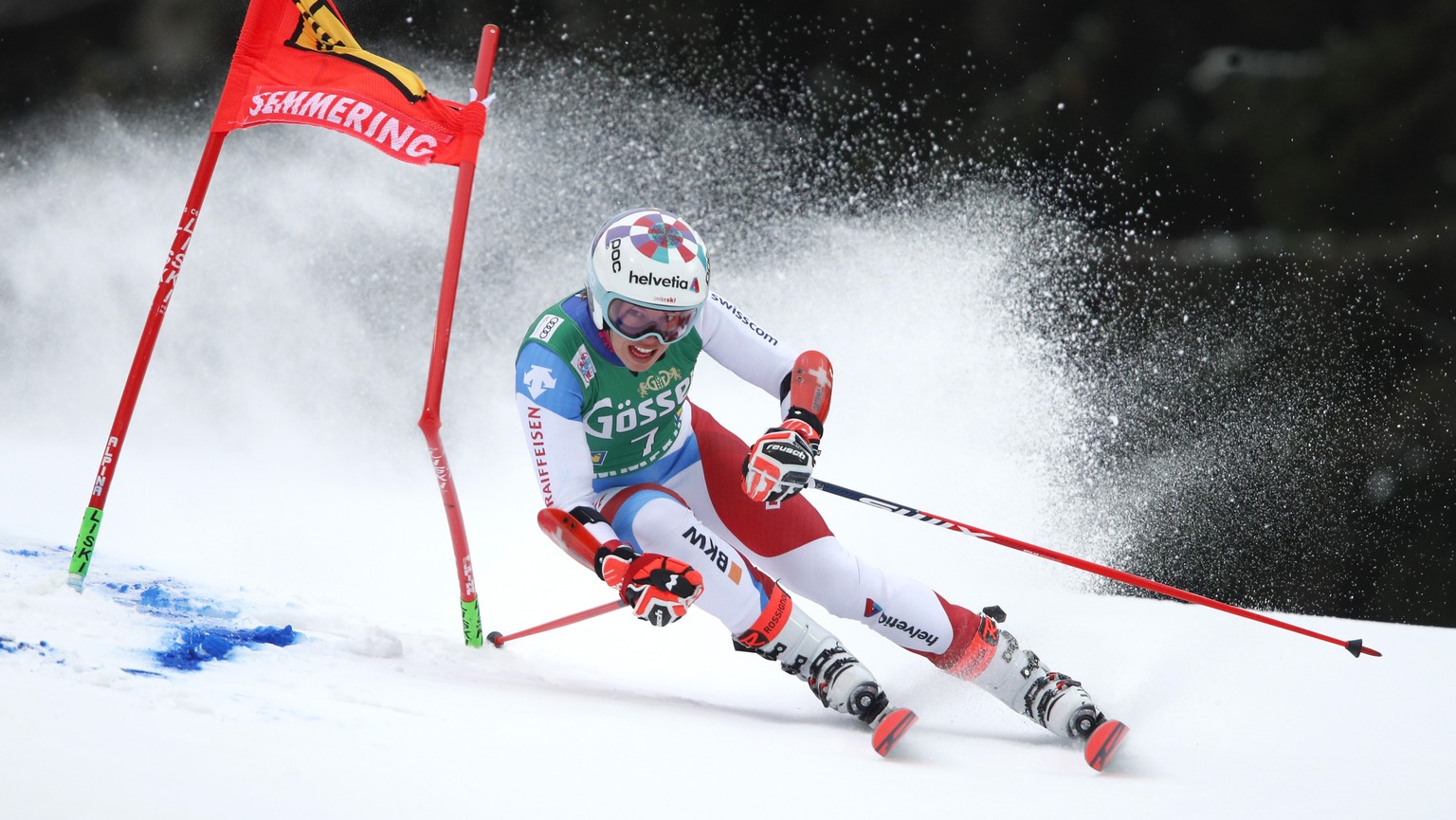 Switzerland&#039;s Michelle Gisin speeds down the course during an alpine ski, women&#039;s World Cup giant slalom, in Semmering, Austria, Monday, Dec. 28, 2020. (AP Photo/Gabriele Facciotti)