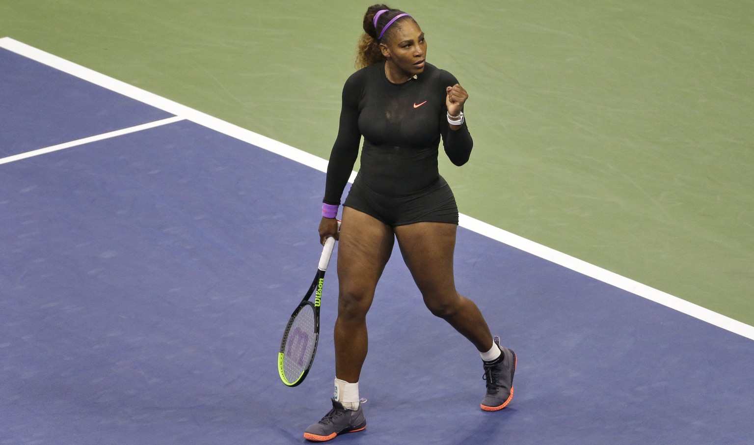 Serena Williams, of the United States, reacts after defeating Qiang Wang, of China, during the quarterfinals of the U.S. Open tennis tournament Tuesday, Sept. 3, 2019, in New York. (AP Photo/Seth Weni ...