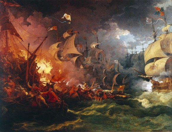 «Niederlage der spanischen Armada» in der Seeschlacht von Gravelines am 8. August 1588, Gemälde von Philippe-Jacques de Loutherbourg, 1796.