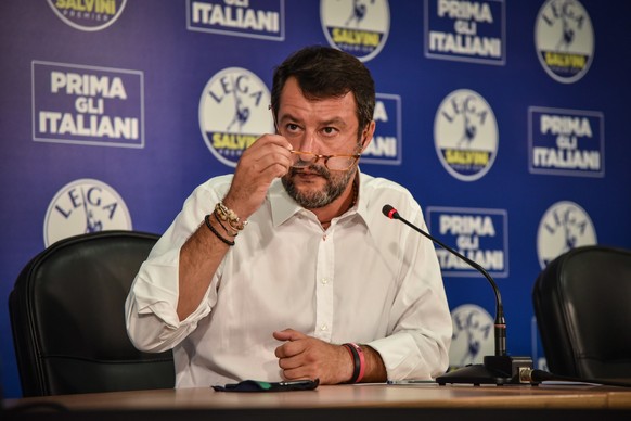 epa08687013 Federal Secretary of Italian party Lega, Matteo Salvini, attends a press conference to comment on the result of the regional votes and the referendum for the cut of Italian parliamentarian ...