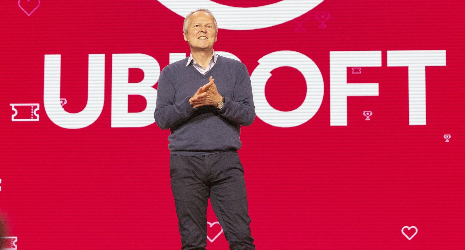 epa07639857 Ubisoft Co-founder and CEO Yves Guillemot speaks during the Ubisoft press conference at the at the Orpheum Theatre in Los Angeles, California, USA, 10 June 2019. This event takes place pri ...