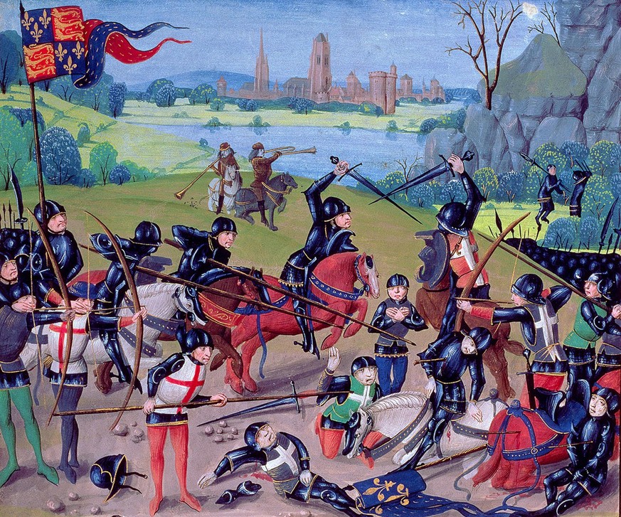 Die Schlacht von Agincourt (franz. Azincourt), Miniatur aus dem 15. Jahrhundert.