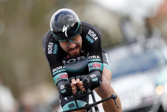 epa08286566 Slovakian rider Peter Sagan of Bora Hansgrohe team in action during the fourth stage of the Paris-Nice cycling race, an individual time trial over 15.1 km in Saint-Amand-Montrond, France,  ...