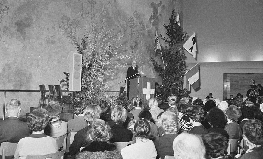 Bundesrat Willy Spühler bei seiner Ansprache am 1. Februar 1968.