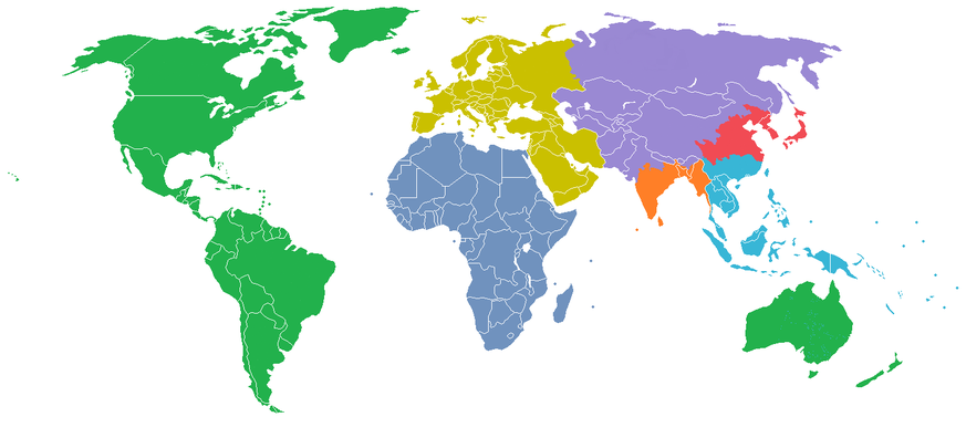 Karte: Die Welt aufgeteilt in 7 Gebiete mit je einer Milliarde Menschen